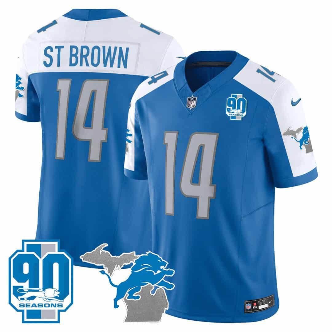 Men Detroit Lions 14 ST Brown Blue 2024 Nike 90th Year Michigan Patch Vapor NFL Jersey